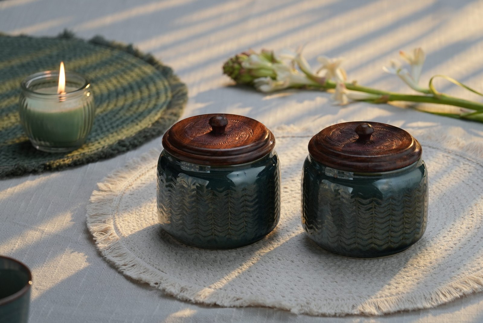 Artisan Stoneware Storage Jars with Carved Wooden Lid – Set of two