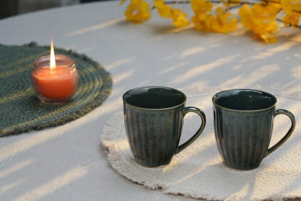 Deep Green Ribbed Ceramic Coffee Mug – Set of two