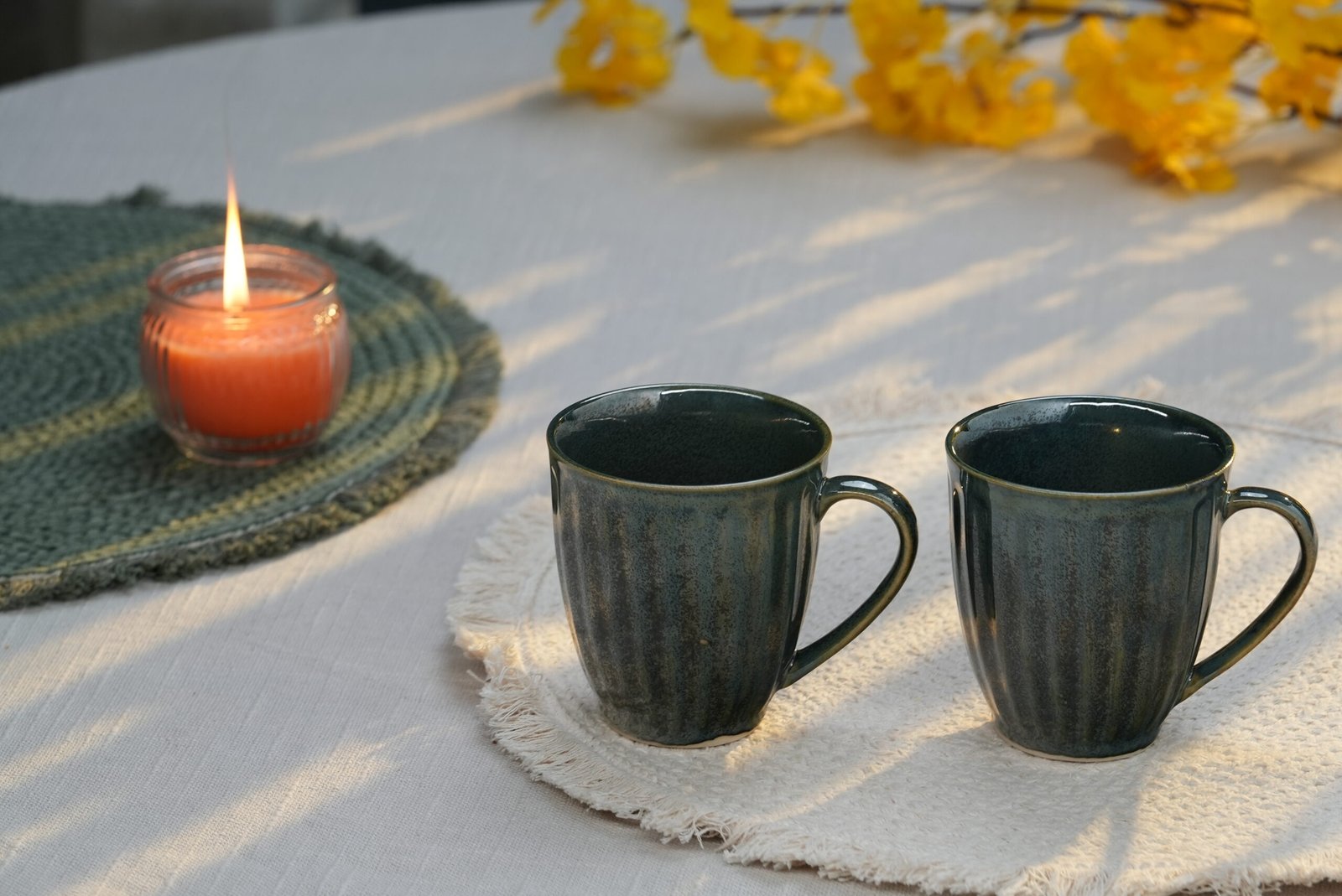 Deep Green Ribbed Ceramic Coffee Mug – Set of two