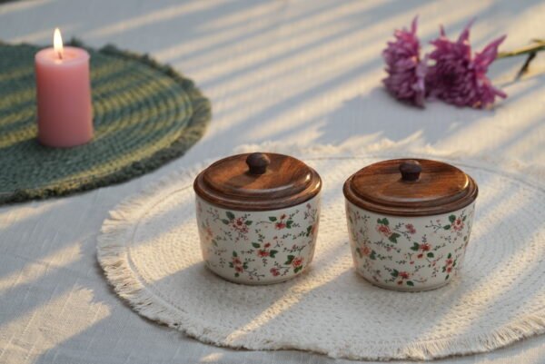 Floral Ceramic Storage Jar Whit Wooden Lid – Set of two