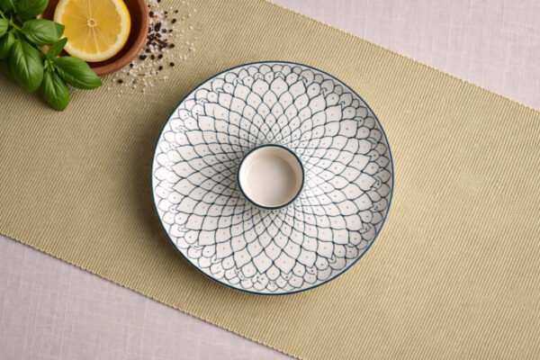 Hand-Painted Lotus Pattern Serving Platter with Chutney Bowl