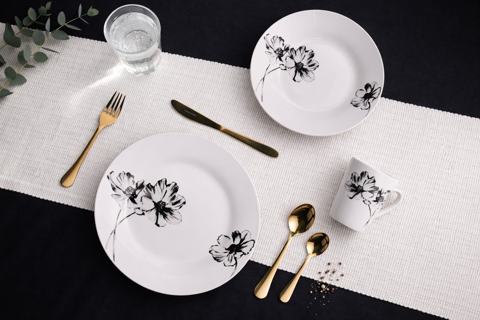 Monochrome Floral Porcelain Dinner Set