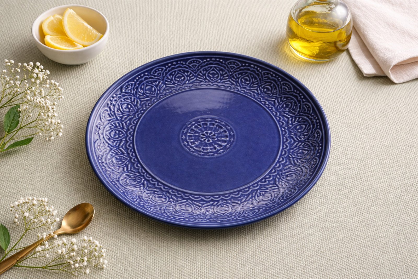 Royal Indigo Embossed Ceramic Dinner Plate