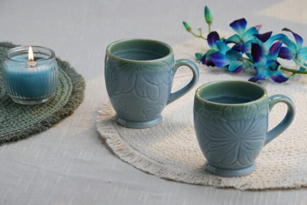 Seafoam Blue Floral Embossed Ceramic Mug – Set of 2