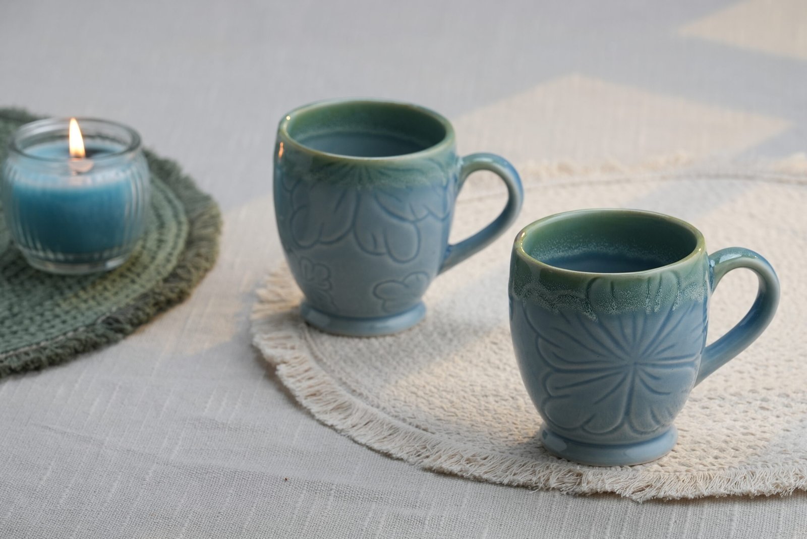Seafoam Blue Floral Embossed Ceramic Mug – Set of 2_3