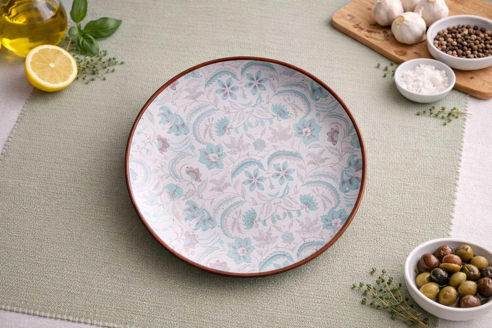 Soft Botanical Print Ceramic Serving Plate